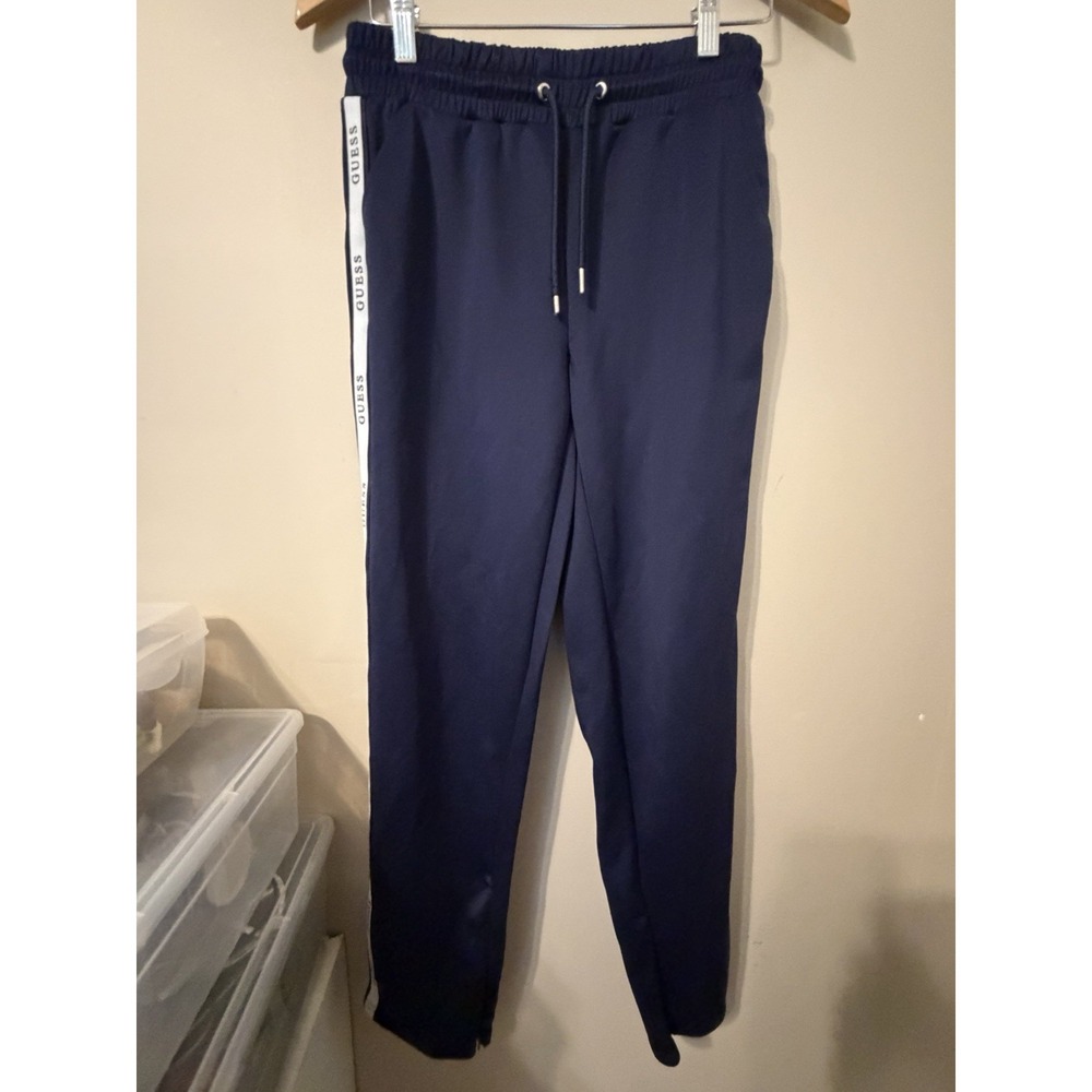 GUESS Women's Navy Blue Jogger Pants Size S Drawstring Logo Downside Activewear